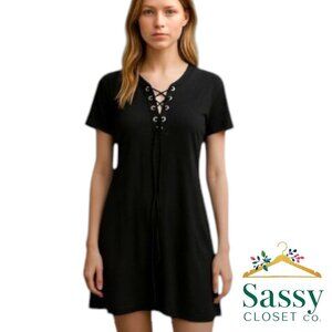 Beach Coverup Mini Dress – Black Lace-Up V-Neck, Medium